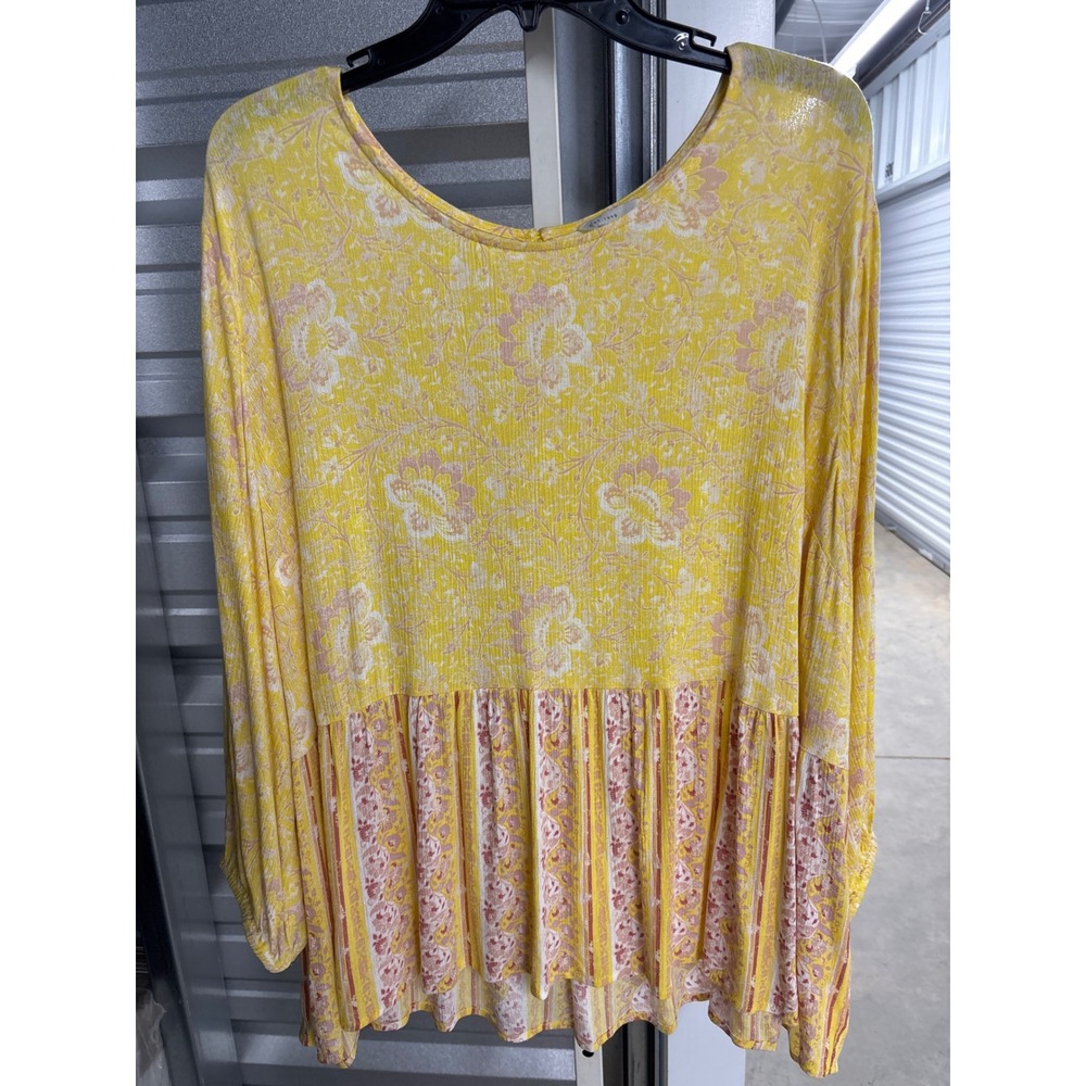 Est. 1946 Womens Plus 22/24W Yellow Floral Babydoll Tunic Long Sleeve Blouse